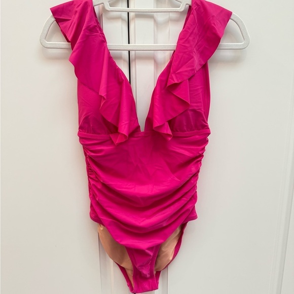 NEW J. Crew Pink Ruched Ruffle one-piece swimsuit - size 12 - Picture 2 of 10